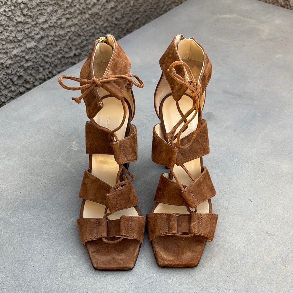 Brown Suede Lace-Up Heels